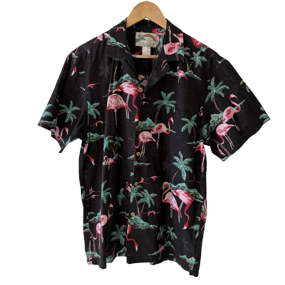 Paradise Found Hawaiian‎ Shirt med Pink Flamingo AOP Made in Hawaii Magnum PI